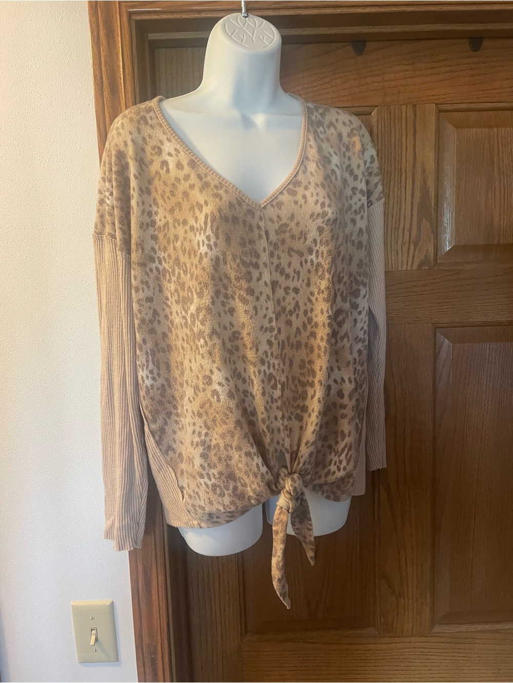 Daytrip Taupe Leopard V-Neck Tie-Front Sweater